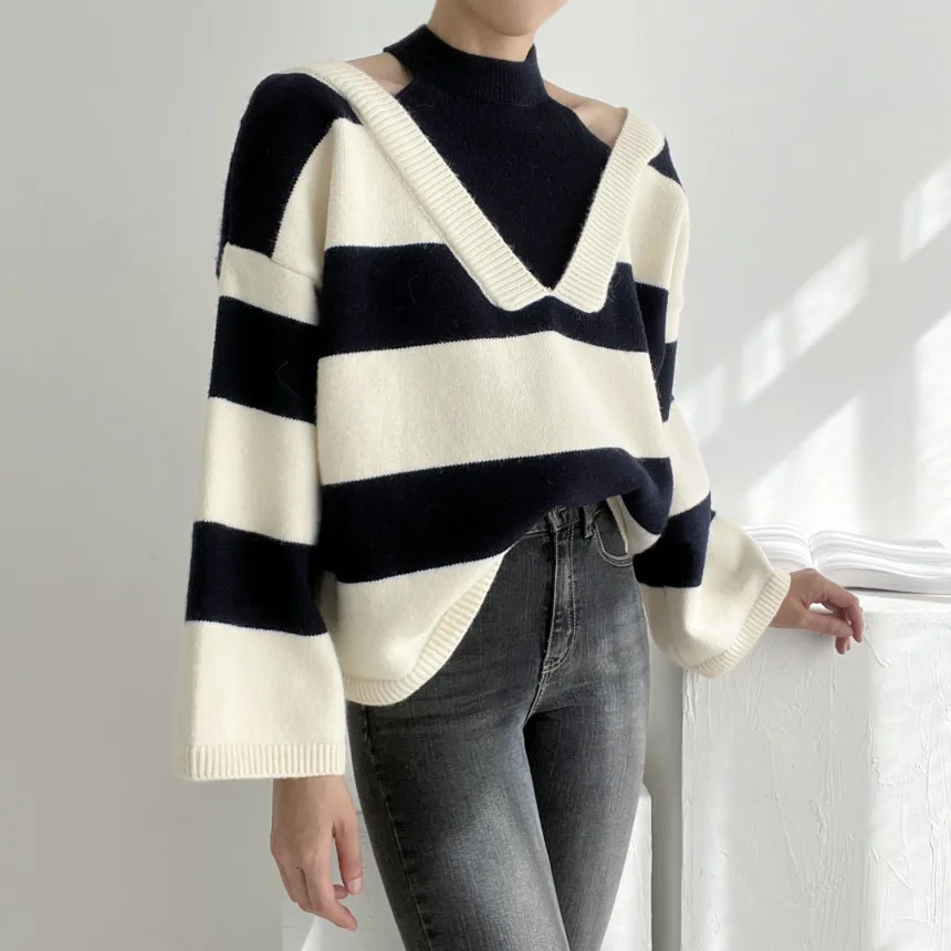 Fake Two Piece Halter Pullovers Off Shoulder Sweater Women Contrast Stripe Loose Thicken Sweaters Sweet Schoolgirl Cashmere Tops
Fake Two Piece Halter Pullovers Off Shoulder Sweater Women Contrast Stripe Loose Thicken Sweaters Sweet Schoolgirl Cashmere Tops