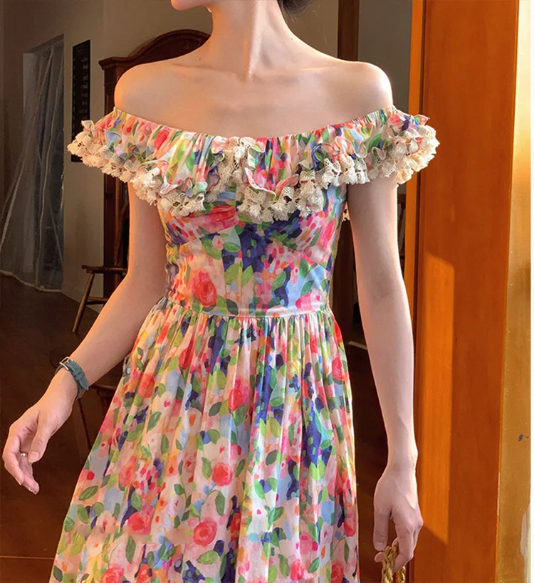 

Женское длинное платье во французском стиле, кружевное лоскутное платье миди с вырезом лодочкой и цветочным принтом, повседневное ТРАПЕЦИЕВИДНОЕ ПЛАТЬЕ в стиле бохо, летняя одежда