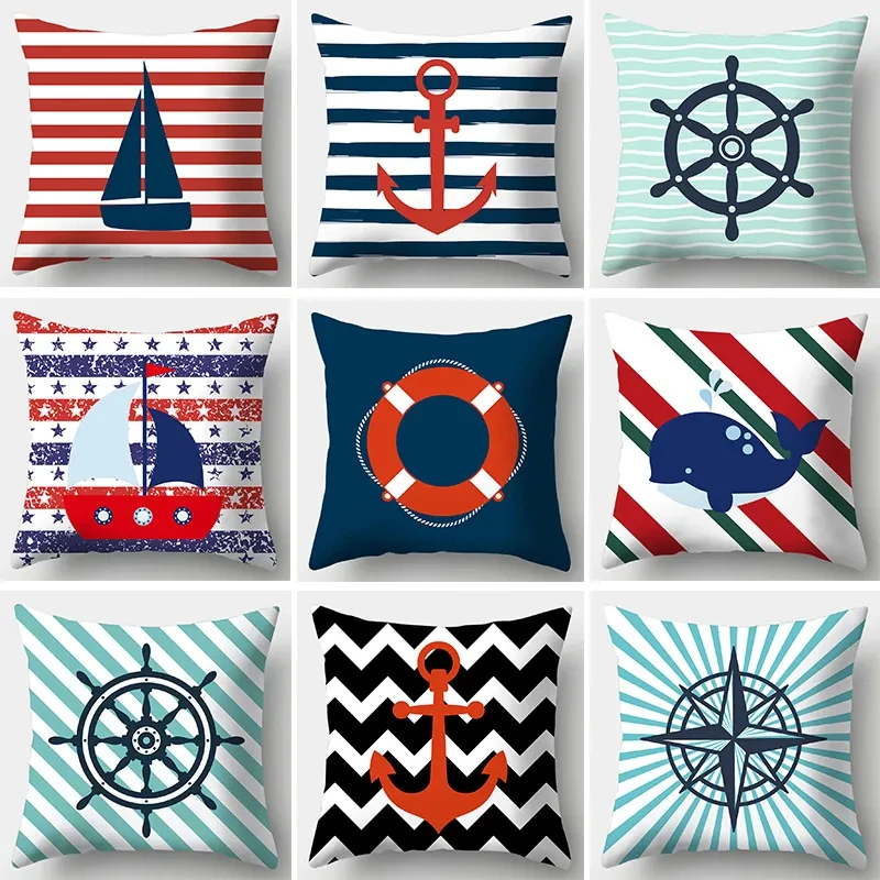 

Ocean Style Pillow Cover Boat Sailboat Anchor Stripe Colourful Cushion Cover Pattern Square Sofa Cushion Cover F1933