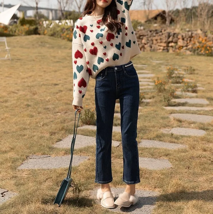 Women Heart Print Knit Long Sleeve Round Neck Sweater Autumn Ladies Casual Loose Pullover Fashion Female Tops
Women Heart Print Knit Long Sleeve Round Neck Sweater Autumn Ladies Casual Loose Pullover Fashion Female Tops
