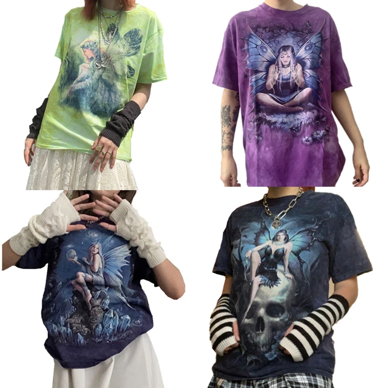 Футболка Xingqing y2k с принтом феи винтажный Топ в стиле Харадзюку коротким рукавом