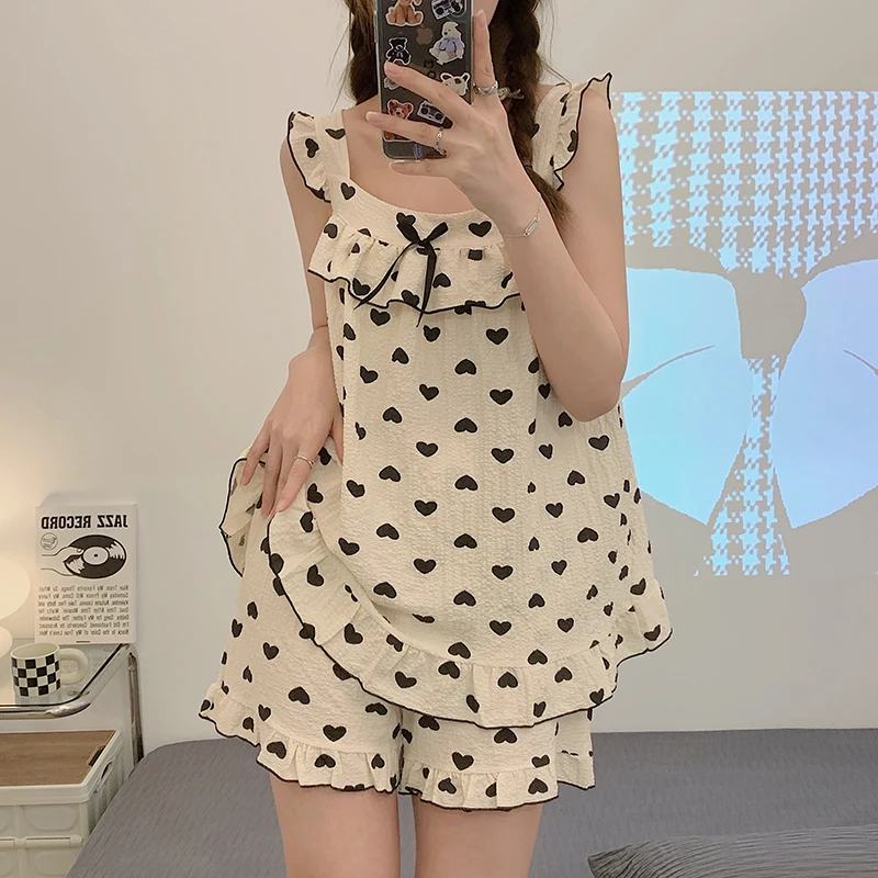Summer Women Sweet Black Love Print Sleeveless Pajamas Set Female Home Cotton Sleepwear Shorts 2 Piece Suspender Pyjamas Suit
Summer Women Sweet Black Love Print Sleeveless Pajamas Set Female Home Cotton Sleepwear Shorts 2 Piece Suspender Pyjamas Suit