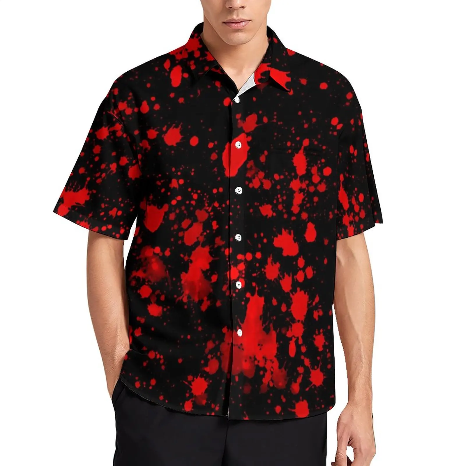 

Red Paint Splatter Loose Shirt Male Vacation Artistic Splash Print Casual Shirts Hawaiian Short Sleeve Vintage Oversize Blouses