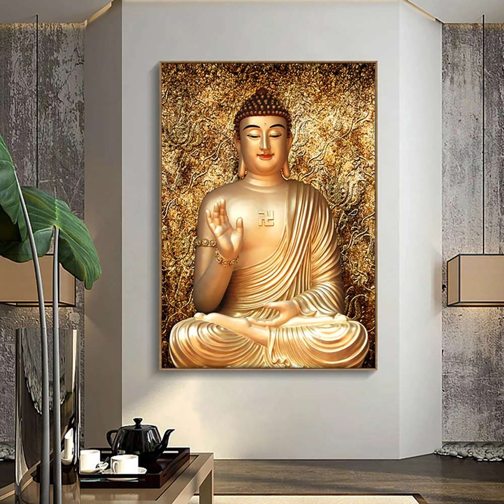 

Golden Buddha Statue Decorative Mural Buddhist Decoration Painting Living Room Wall Art Picture Modern Home Decor Aesthetic Gift