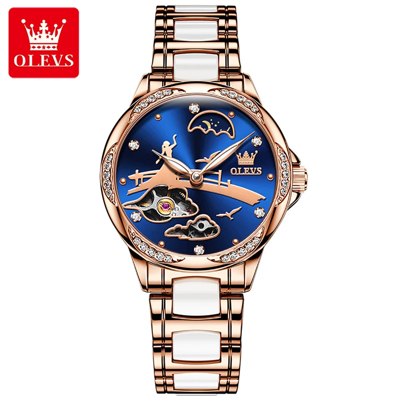 OLEVS Automatic Mechanical Ceramic Women Watch Skeleton Fashion Blue Dial Luxury Diamond Trend Women Watches Zegarek Damski 6639
OLEVS Automatic Mechanical Ceramic Women Watch Skeleton Fashion Blue Dial Luxury Diamond Trend Women Watches Zegarek Damski 6639