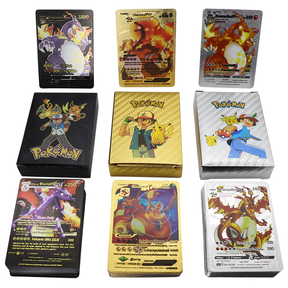 Pokemon French Spanish Letters Metal Cards Gold Vmax GX Energy Card Charizard Pikachu Rare Battle Collection Card Child Toy Gift
Pokemon French Spanish Letters Metal Cards Gold Vmax GX Energy Card Charizard Pikachu Rare Battle Collection Card Child Toy Gift