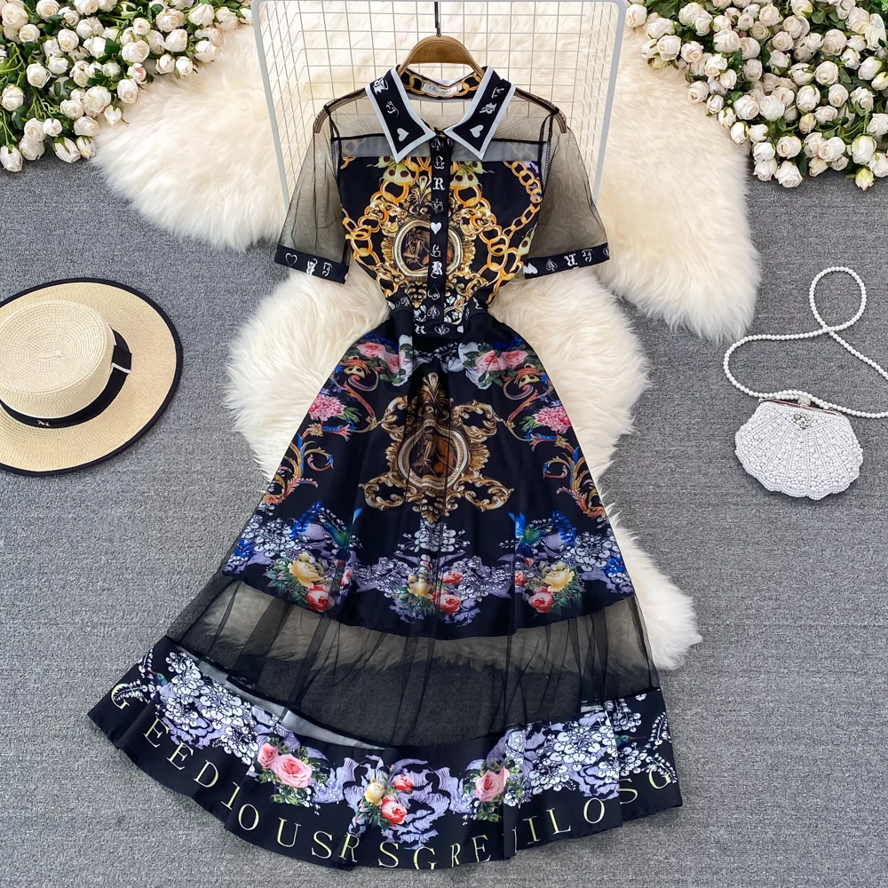 2022 New Summer Fashion Runway Dress Women Short Sleeve Mesh Patchwork Elegant Black Vintage Floral Print Mid Calf Dresses
2022 New Summer Fashion Runway Dress Women Short Sleeve Mesh Patchwork Elegant Black Vintage Floral Print Mid Calf Dresses