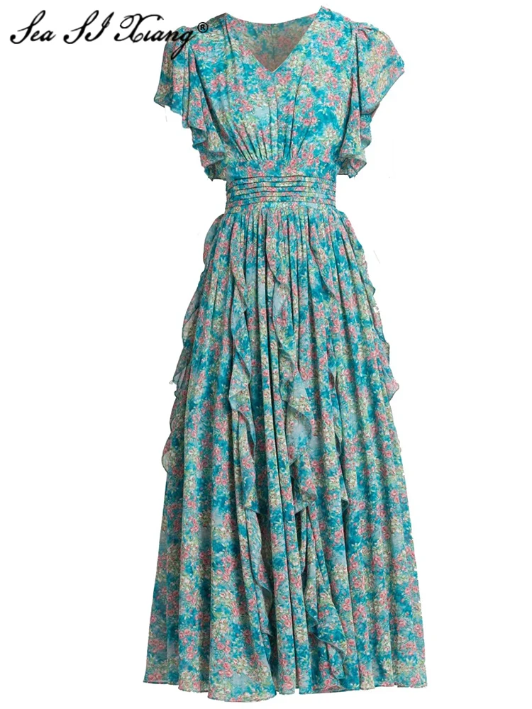Seasixiang Fashion Designer Summer Dress Women V-Neck Flare Sleeve Folds Ruffles Flowers Print High Waist Vintage Long Dresses
Seasixiang Fashion Designer Summer Dress Women V-Neck Flare Sleeve Folds Ruffles Flowers Print High Waist Vintage Long Dresses
