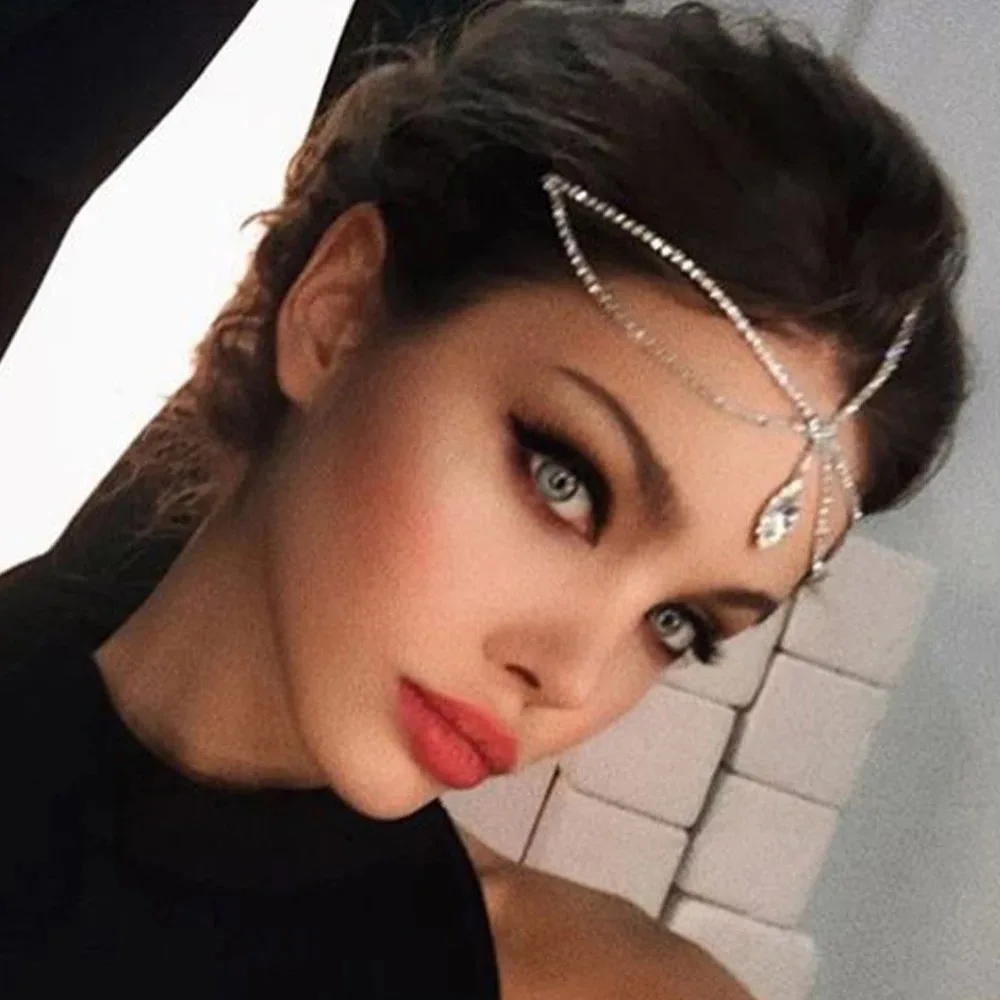 

Indian Jewelry Rhinestone Water Drop Pendant Forehead Head Chain Headpiece Hair Jewelry for Women Shiny Crystal Bridal Headband