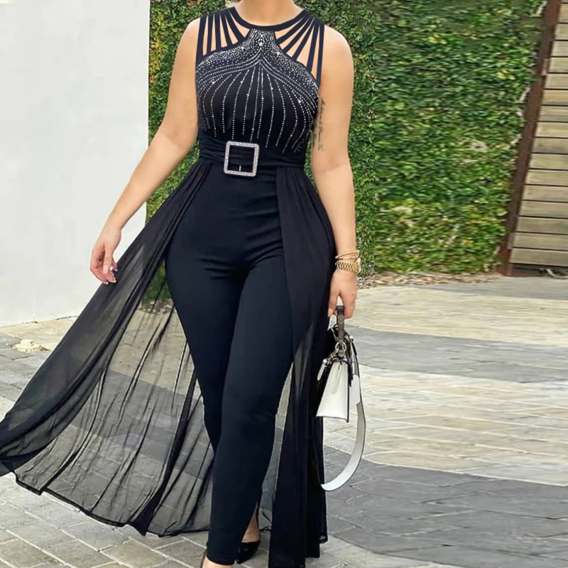 Women's Jumpsuit Sexy Round Neck Rhinestone Sheer Mesh Sleeveless Jumpsuit With Belt Solid Color Comfortable Elegant Jumpsuits
Women's Jumpsuit Sexy Round Neck Rhinestone Sheer Mesh Sleeveless Jumpsuit With Belt Solid Color Comfortable Elegant Jumpsuits