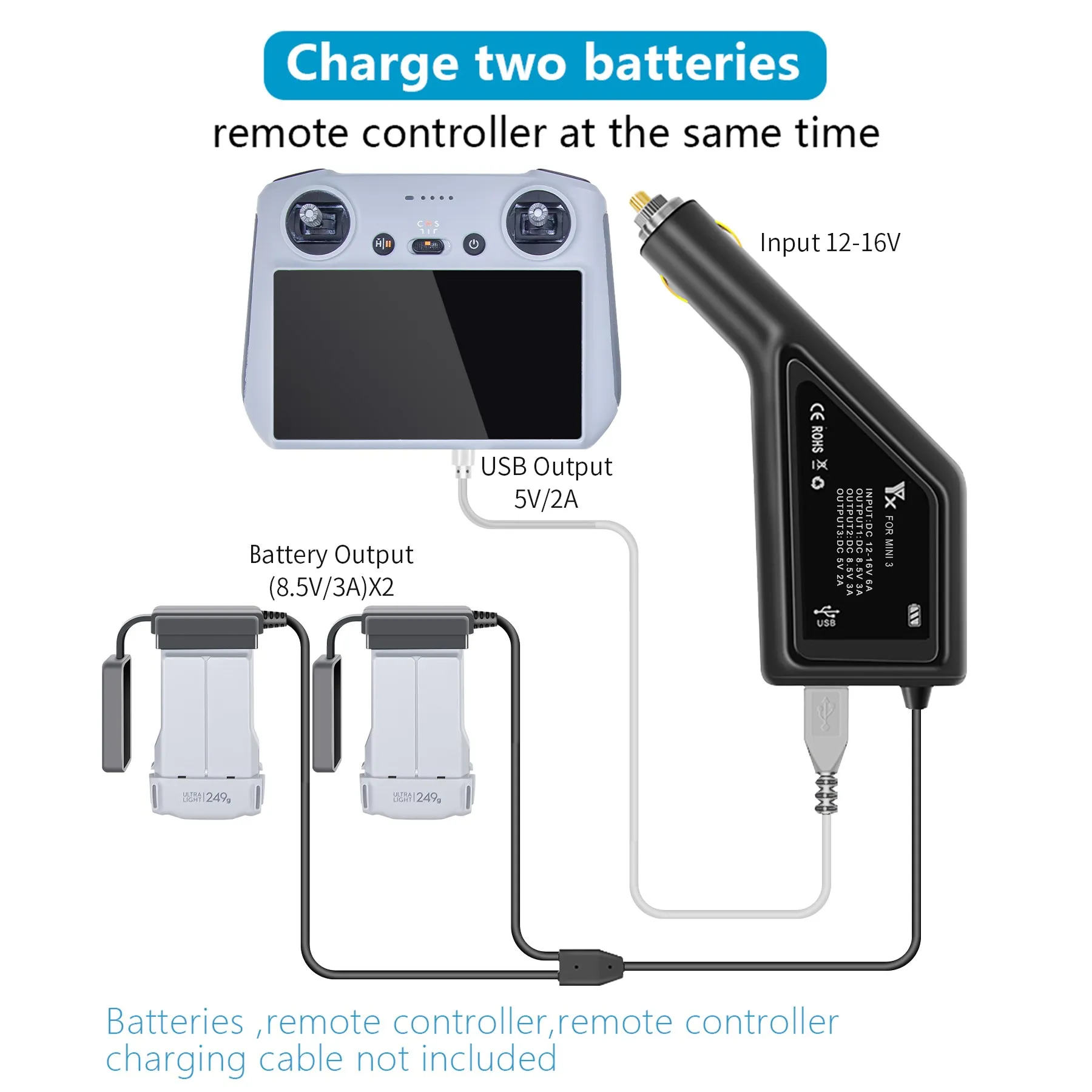 DJI Mavic mini 3pro smart battery charging hub and car connector USB adapter Multi 2 battery three in one car charger for mini 3 
DJI Mavic mini 3pro smart battery charging hub and car connector USB adapter Multi 2 battery three in one car charger for mini 3