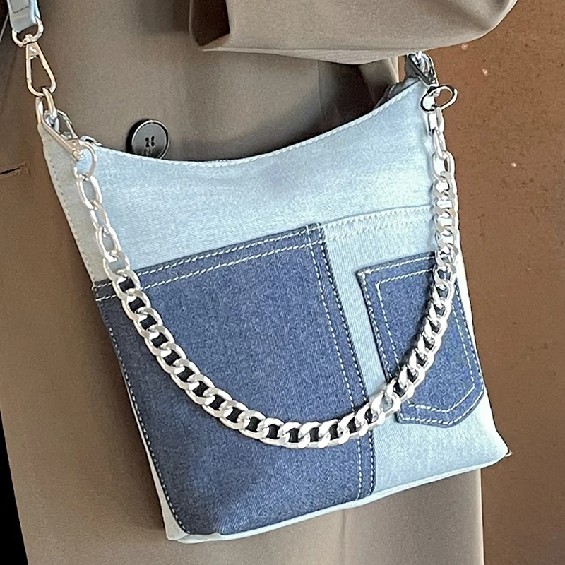 Lovers' Blue Denim Handbags Patchwork Work Wear Style Women's Delicate Shoulder Bag Aesthetic Metal Chain Female Crossbody Bags 
Lovers' Blue Denim Handbags Patchwork Work Wear Style Women's Delicate Shoulder Bag Aesthetic Metal Chain Female Crossbody Bags