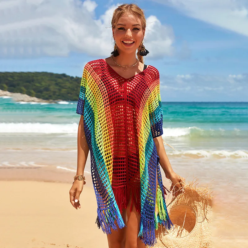 

RULINJU Knitted Rainbow Crochet Dress Knit Beach Cover Up Short Sleeve Tassel Tunic Women 2023 New Beachwear Swimsuits 16 Colors