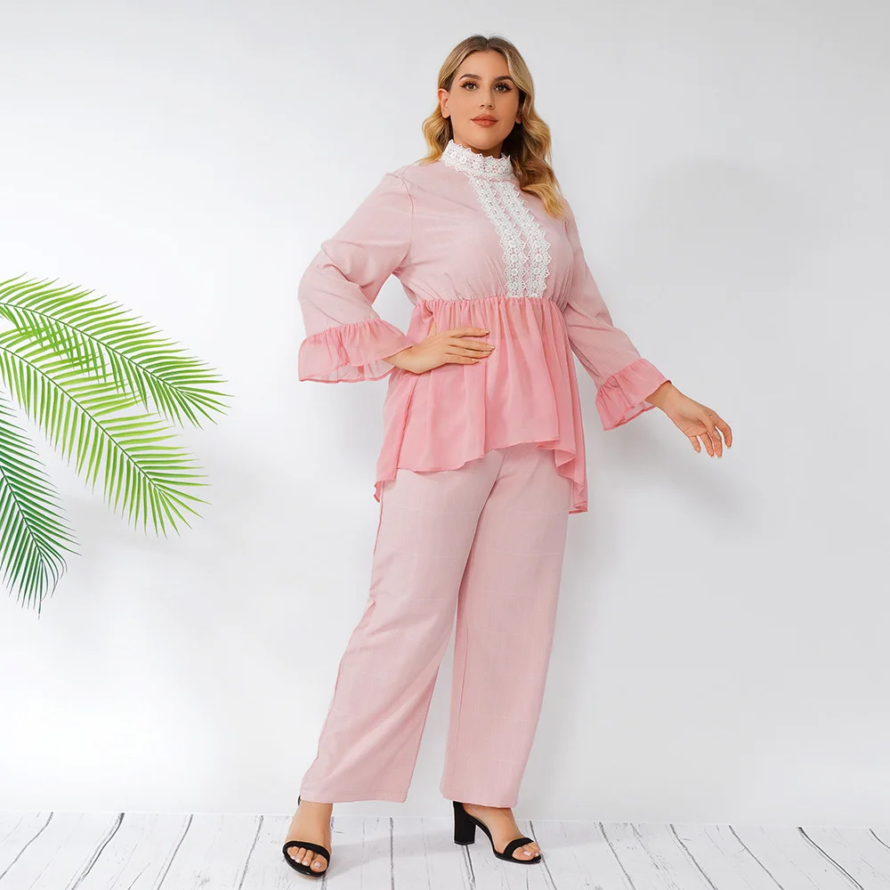 Plus size size suit women's court style two-piece Chiffon Large Lace Top wide leg pants suit
Plus size size suit women's court style two-piece Chiffon Large Lace Top wide leg pants suit
