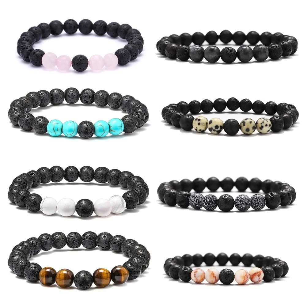 

15pcs Black Lava Stone Beads Bracelet Natural Stone Rose Quartz Tiger's Eye Kallaite Bracelet Stretch Jewelry For Women Men