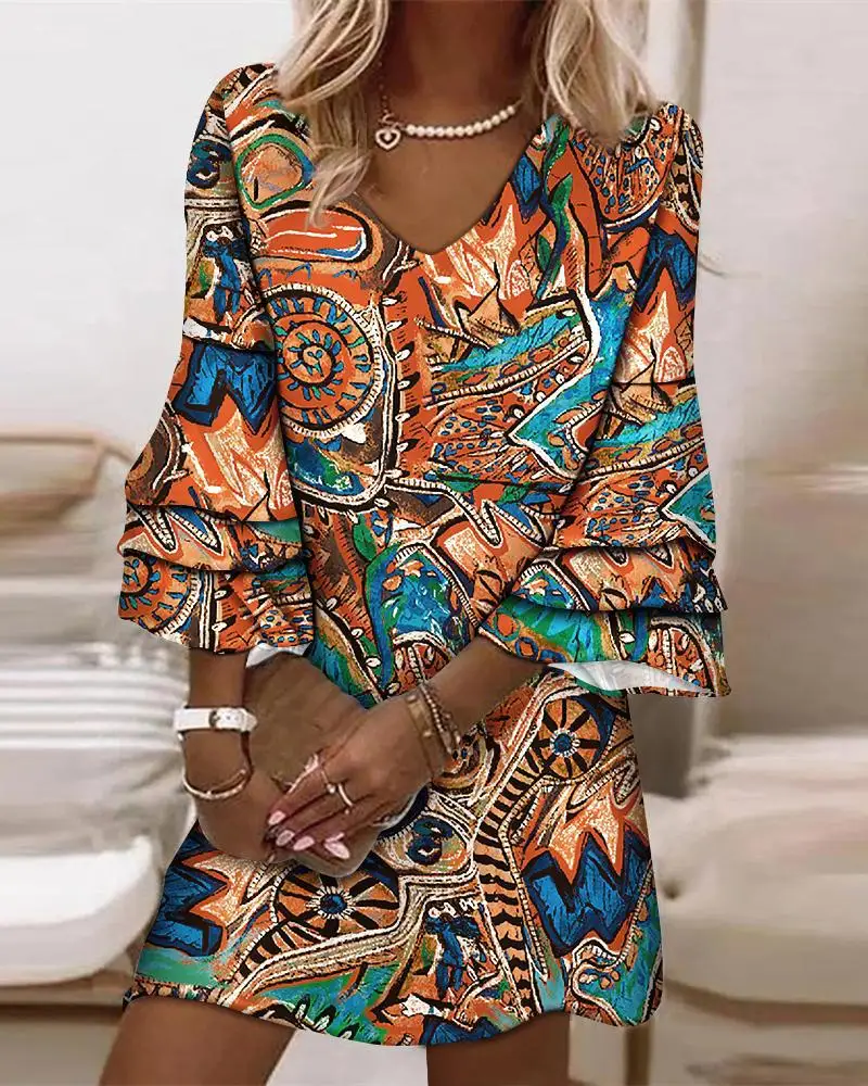 Элегантное шикарное платье с расклешенным рукавом, женское модное пляжное платье для ночного клуба, летнее свободное мини-платье с винтажным принтом и V-образным вырезом для офиса 
Элегантное шикарное платье с расклешенным рукавом, женское модное пляжное платье для ночного клуба, летнее свободное мини-платье с винтажным принтом и V-образным вырезом для офиса