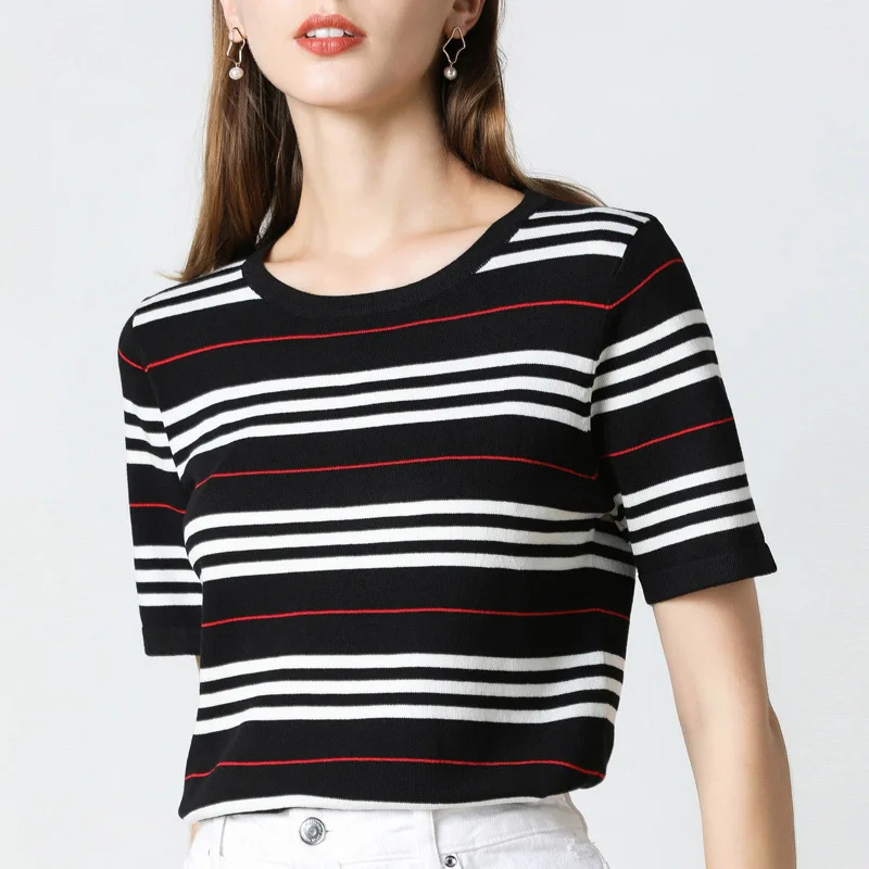 Korean Fashion New Summer Autumn Women Stripe Short Sleeve Knit Sweater O Neck Thin Ladies Tops Pullover Sueter Mujer 
Korean Fashion New Summer Autumn Women Stripe Short Sleeve Knit Sweater O Neck Thin Ladies Tops Pullover Sueter Mujer