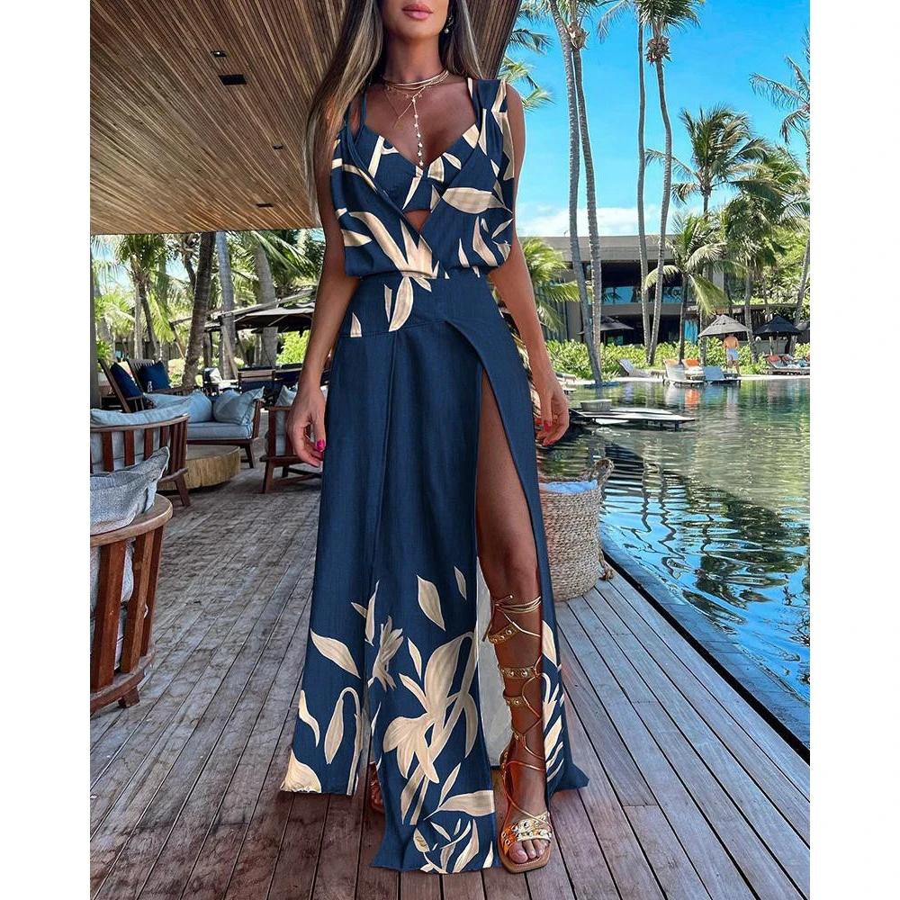 

Casual Women Tropical Floral Print Plunge Sleeveless High Slit Maxi Sundress With Bra Top Sexy Vacation Streetwear Fashion Dress