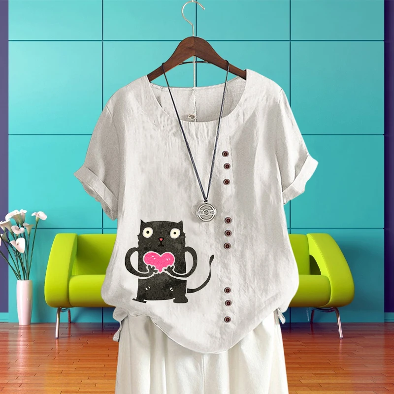 O Neck Loose T Shirt Summer Top for Lady Women's Clothing Casual Style Cotton Linen Cartoon Animal Pattern Print Short Sleeve
O Neck Loose T Shirt Summer Top for Lady Women's Clothing Casual Style Cotton Linen Cartoon Animal Pattern Print Short Sleeve