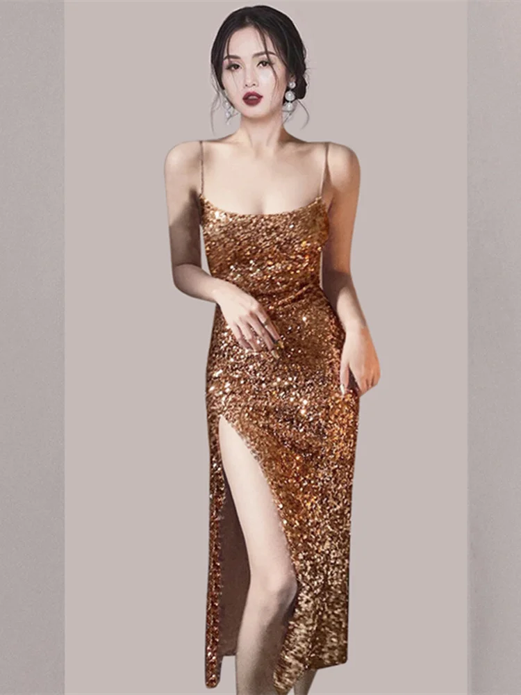 

Sexy Champagne Bling Sequined Dress Women Summer Shinny Spaghetti Strap Club Sparkling Side Split Evening Party Prom Vestidos
