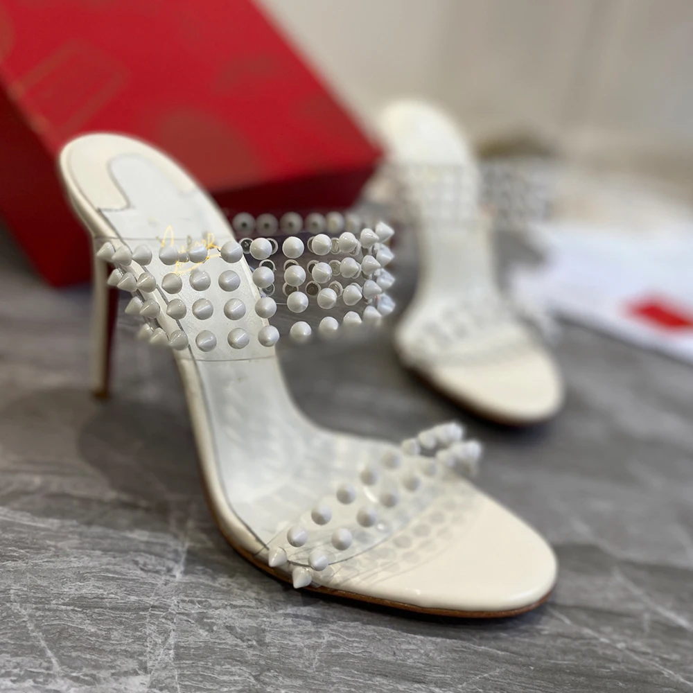 

Luxury Designer Spikes Sandals High Heels Red Bottom Clear Open Toe Stiletto Heels Sexy Women Wedding Party Dress Slipper Shoes