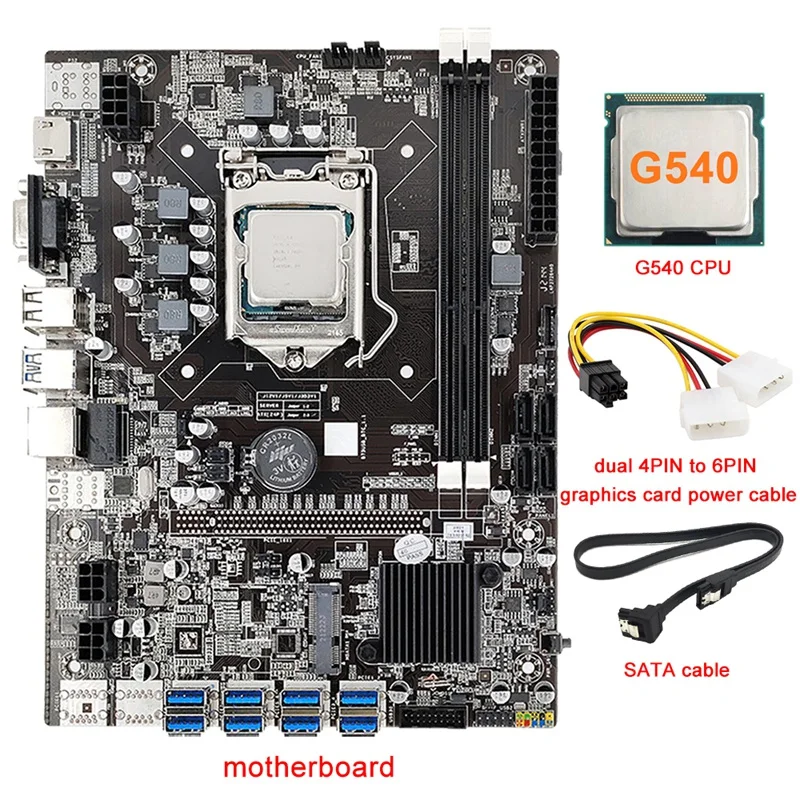 8 Card B75 BTC Mining Motherboard+G540 CPU+4PIN To 6PIN Power Cable+SATA Cable 8X USB3.0(PCIE) LGA1155 DDR3 RAM SATA3.0
8 Card B75 BTC Mining Motherboard+G540 CPU+4PIN To 6PIN Power Cable+SATA Cable 8X USB3.0(PCIE) LGA1155 DDR3 RAM SATA3.0