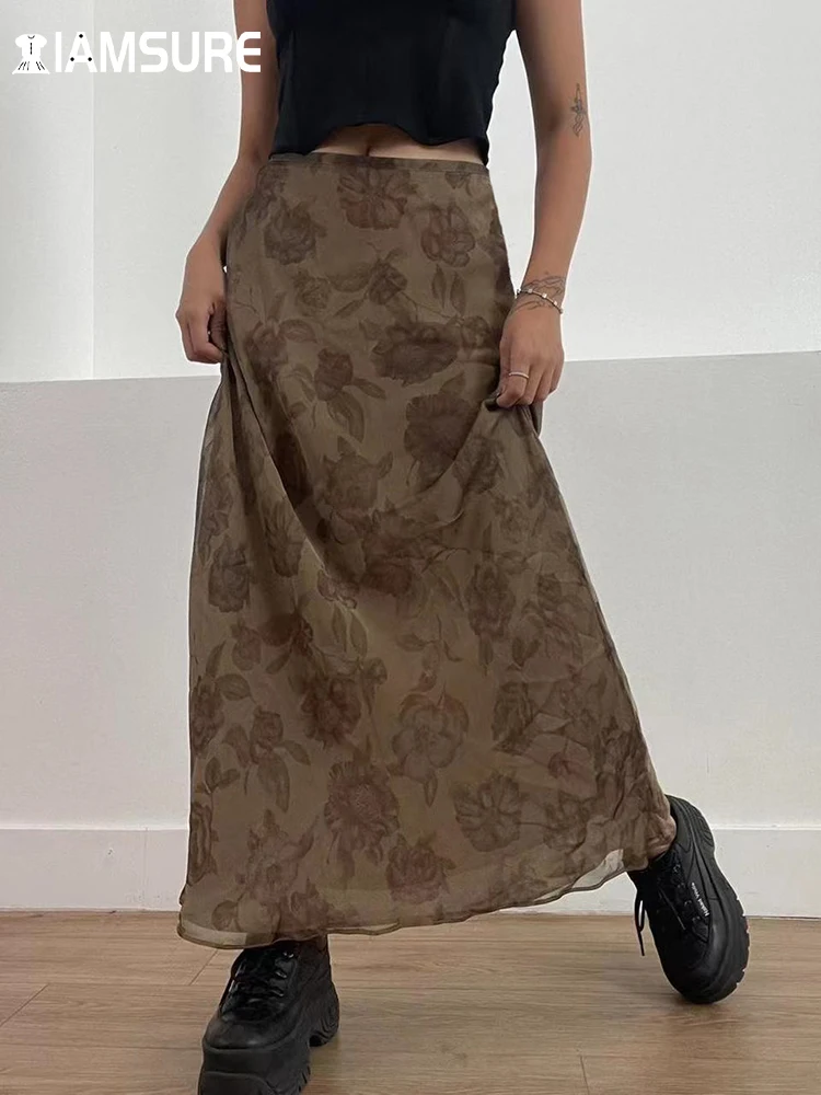 

IAMSURE Vintage Floral A-Line Mesh Skirt Casual Slim See Through Mid-Waisted Maxi Skirts Women 2022 Autumn Spring Fashion Ladies