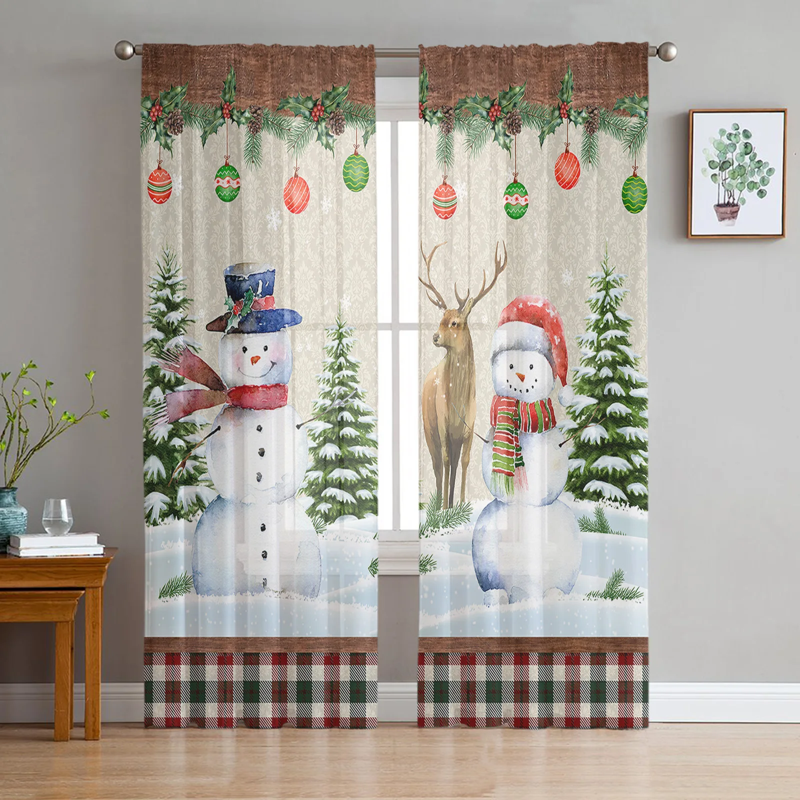 

Christmas Elk Snowman Tree Fir Tree Living Room Bedroom Transparent Sheer Curtains Holiday Decoration Window Voile Tulle Curtain