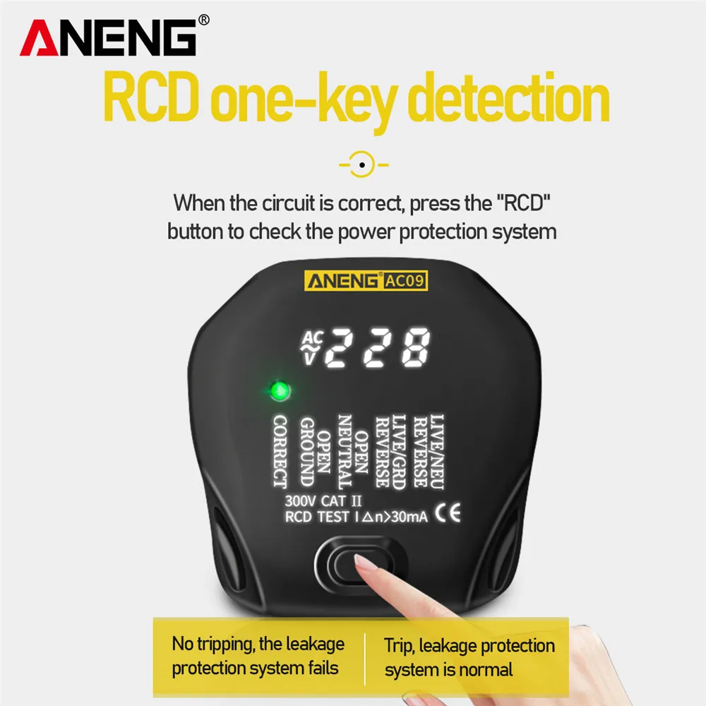 ANENG AC09 Digital Socket Tester Voltage Test Socket Detector US/UK/EU/AU Plug Live Ground Neutral Phase Meter RCD Test
ANENG AC09 Digital Socket Tester Voltage Test Socket Detector US/UK/EU/AU Plug Live Ground Neutral Phase Meter RCD Test