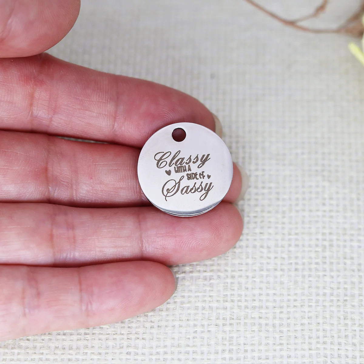 3pcs/Lot Classy with A Side of Sassy Laser Engraved Stainless Steel Disc Message Pendants for Unique Gift DIY Charms Jewelry
3pcs/Lot Classy with A Side of Sassy Laser Engraved Stainless Steel Disc Message Pendants for Unique Gift DIY Charms Jewelry