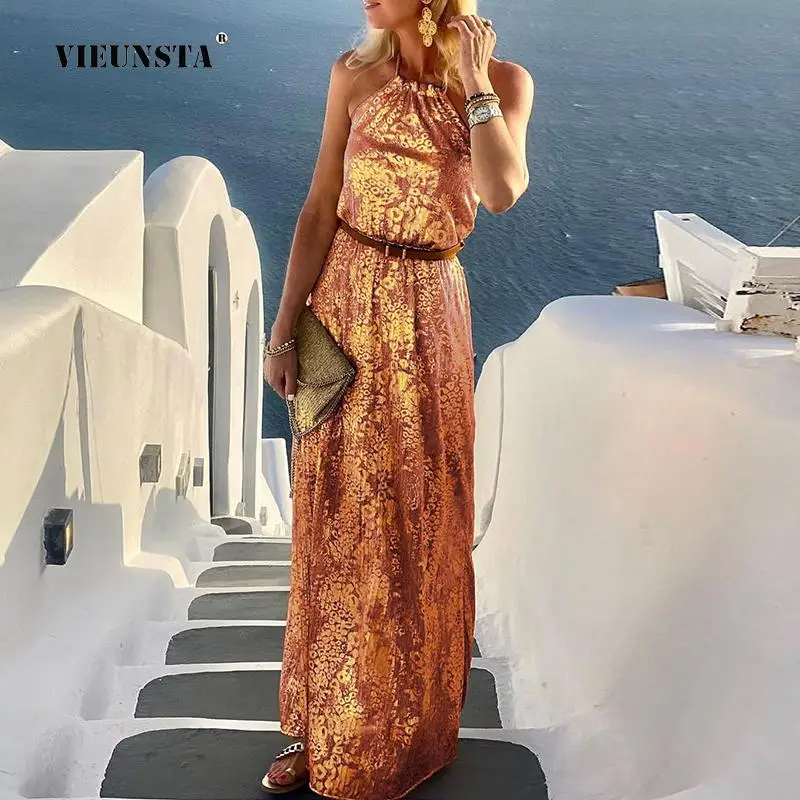 Women New Leisure Holiday Bronzing Dress Lady Fashion Boho Backless Party Maxi Dress Summer Sexy Halter Printed Beach Long Dress
Women New Leisure Holiday Bronzing Dress Lady Fashion Boho Backless Party Maxi Dress Summer Sexy Halter Printed Beach Long Dress