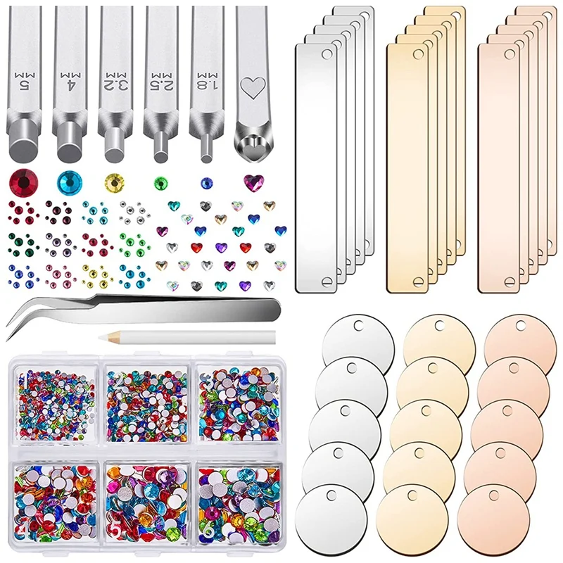 

45Pcs Jewelry Metal Stamping Tools Kits,Flat Back Colored Rhinestones Crystals Setter,With Elbow Tweezer,Pen,Storage Box