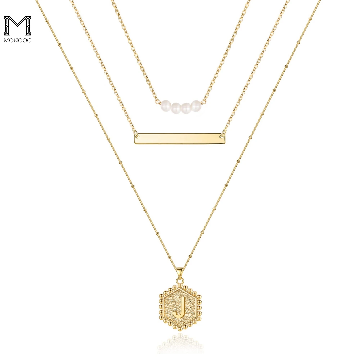 

MONOOC Gold Layered Initial Necklaces for Women 14K Gold Plated Bar Necklace Layering Hexagon Letter Pendant Pearls Choker