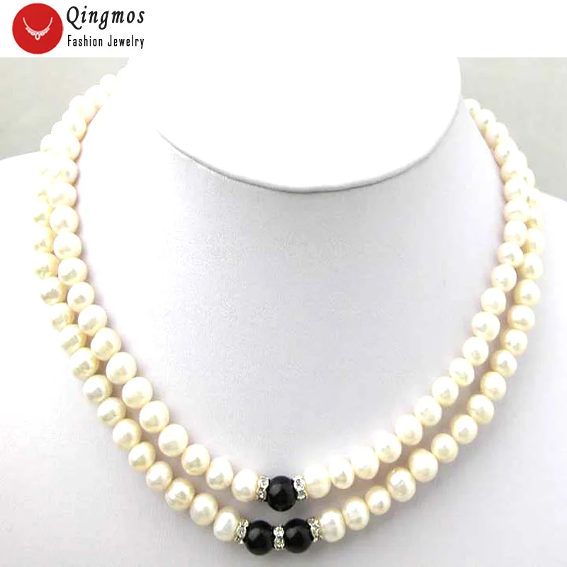 

Qingmos Round 6-7mm Natural FreshWater White Pearl Necklace for Women with 8mm Black Agate 2 Strands Chokers 17-19" Jewelry