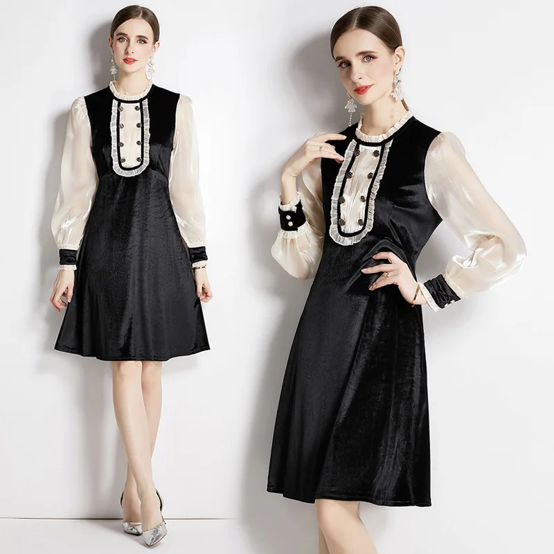 Women's Spring New Style High-end Round Neck Lantern Long Sleeve Button Gold Velvet Wood Ear Stitching Mid Length Dress
Women's Spring New Style High-end Round Neck Lantern Long Sleeve Button Gold Velvet Wood Ear Stitching Mid Length Dress