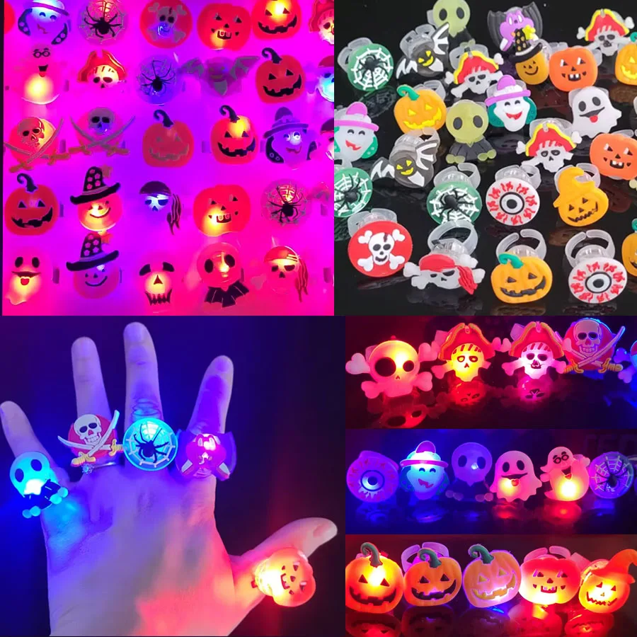 

10/20/30/40/50/100 Pcs LED Halloween Rings Glowing Pumpkin Ghost Skull Ring Toys for Kids Birthday Party Favors Flashing Rings