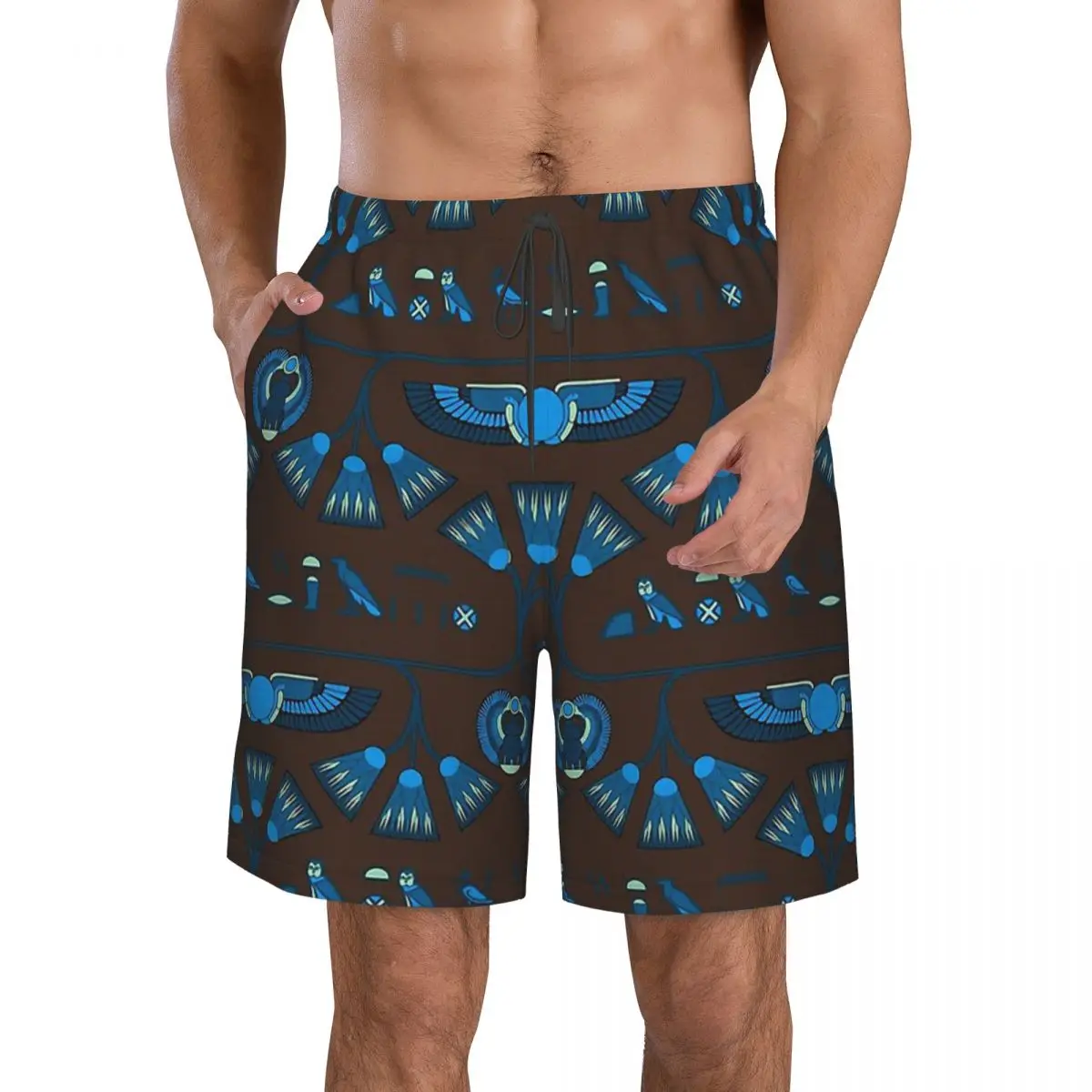 

Hieroglyphs Lotus Men's Beach Shorts Pocket Ancient Egypt Egyptian Africa Swimsuit Quick Dry Men Swimwear Surfing Boardshorts