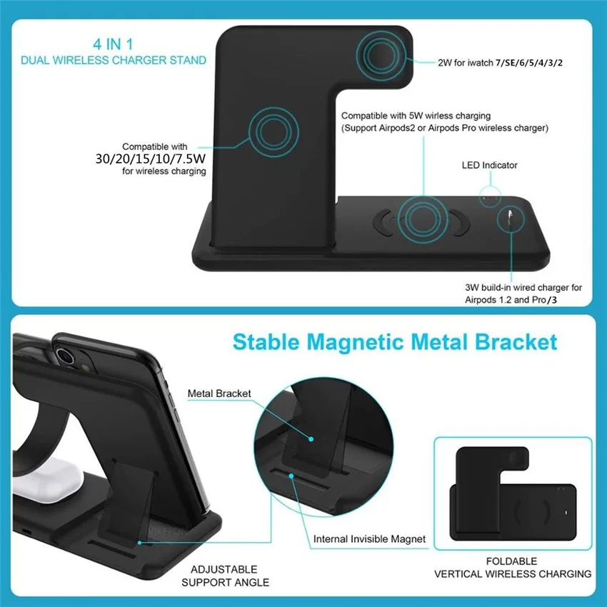 30W Wireless Charger Stand 4 in 1 Qi Fast Charging Dock Station for Apple Watch 7 6 SE 5 3 AirPods Pro iPhone 13 12 11 XS XR X 8
30W Wireless Charger Stand 4 in 1 Qi Fast Charging Dock Station for Apple Watch 7 6 SE 5 3 AirPods Pro iPhone 13 12 11 XS XR X 8