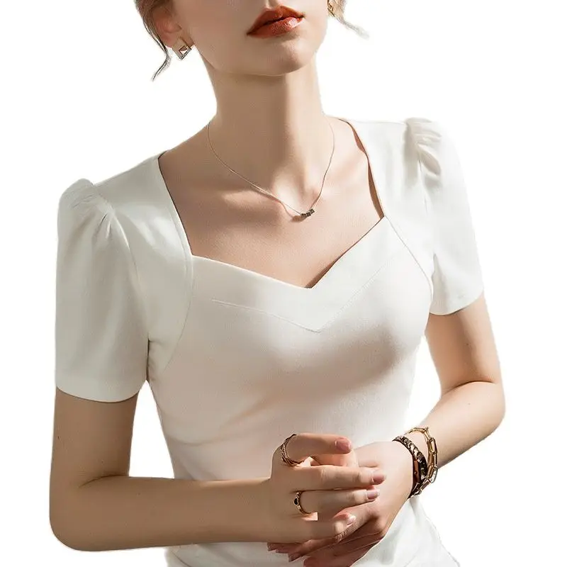 Women T-shirt Short sleeve tshirt for woman Square Collar Solid Color Women's Top Spring Summer Cotton Shirt for womens
Women T-shirt Short sleeve tshirt for woman Square Collar Solid Color Women's Top Spring Summer Cotton Shirt for womens