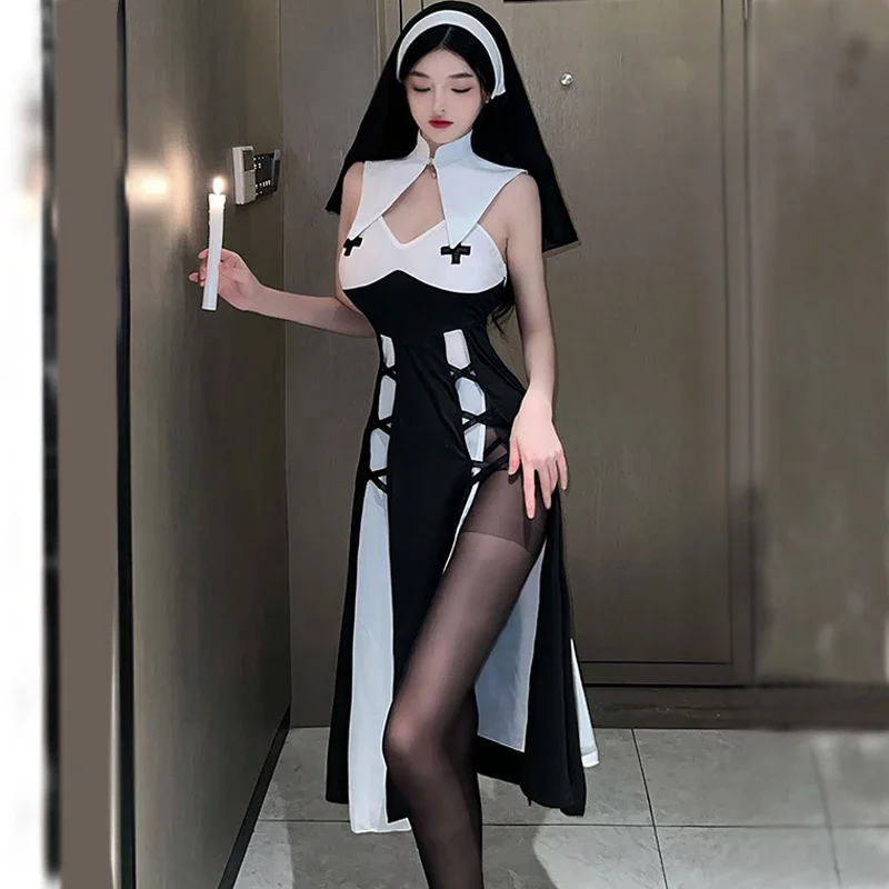 

Sexy Nun Cosplay Halloween Girl Costume Kawaii Lingerie Clothing Anime Goth RolePlay Outfit Woman Vintage High Slit Dress Suit