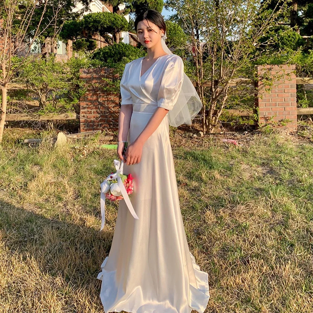 

Serendipity Evening Dress Korea Formal Occasion Floor-Length A-Line V-Neck Lace Sleeve Ceremony Prom Gown For Lovely Women
