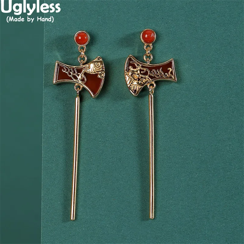 

Uglyless Novel Creative Asymmetric Ax Earrings for Women Ethnic Long Sticks Dangle Earrings Gold 925 Silver Agate Brincos Bijoux