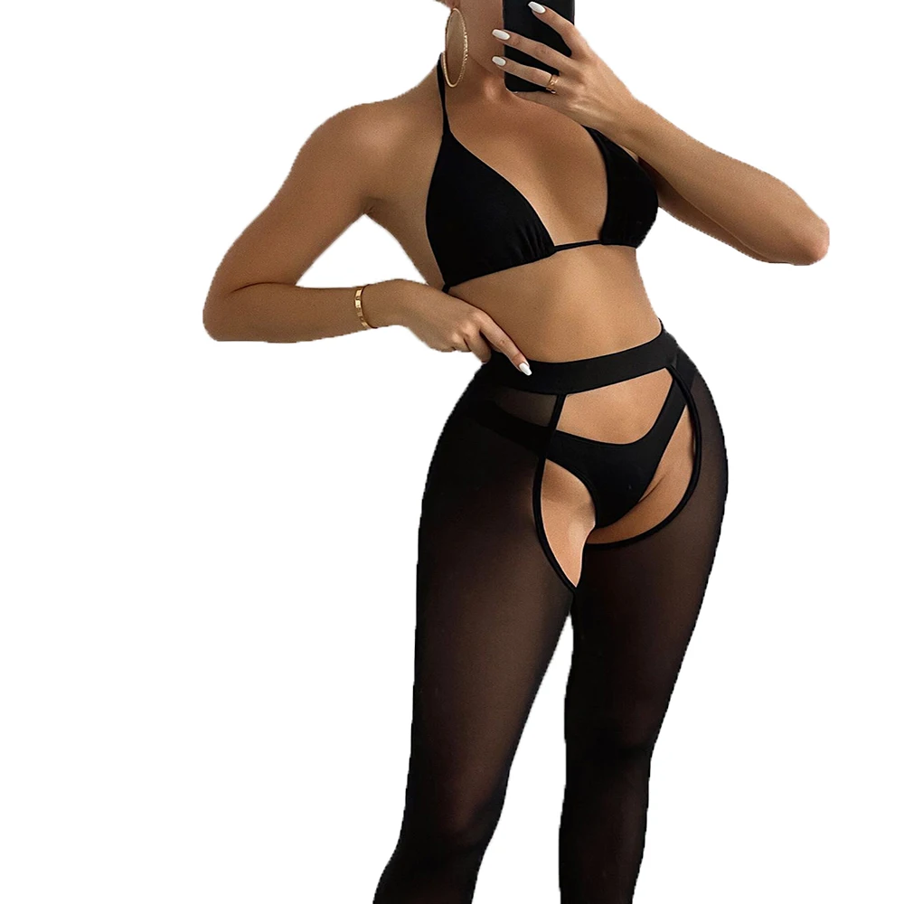 

Женский комплект бикини с треугольным вырезом FS, черный однотонный купальный костюм из трех предметов с лямкой на шее и завязками, 2022