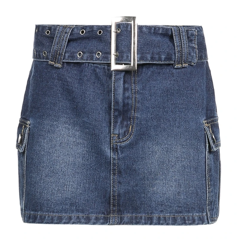 

2023 New Womens Vintage Low Waist Buckle Belted Denim Mini Skirt Side Flap Pockets Straight Hem Slim-Fitted Jeans Cargo Skirts