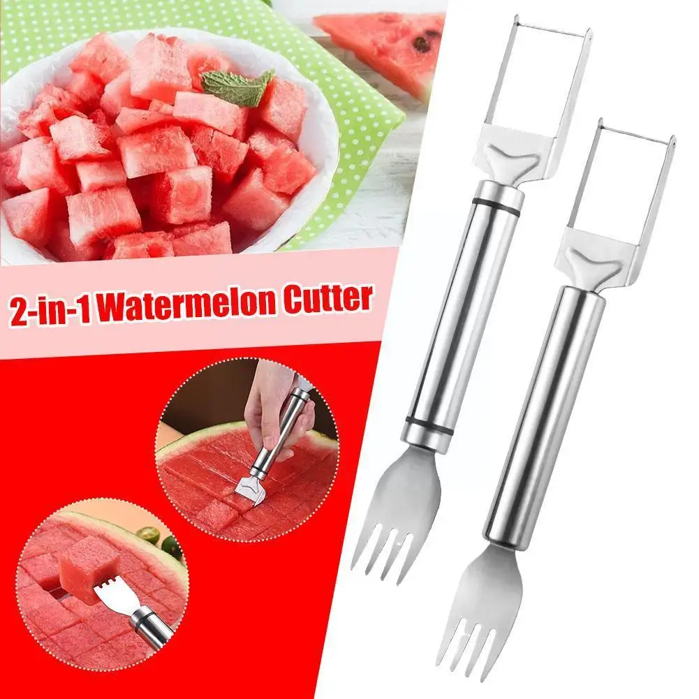 

2 In 1 Watermelon Slicer Cutter Fork Slicer Stainless Fruit Steel Tool Cutting Gadget Melon Kitchen Cube Cutter Fork Portab X4D3