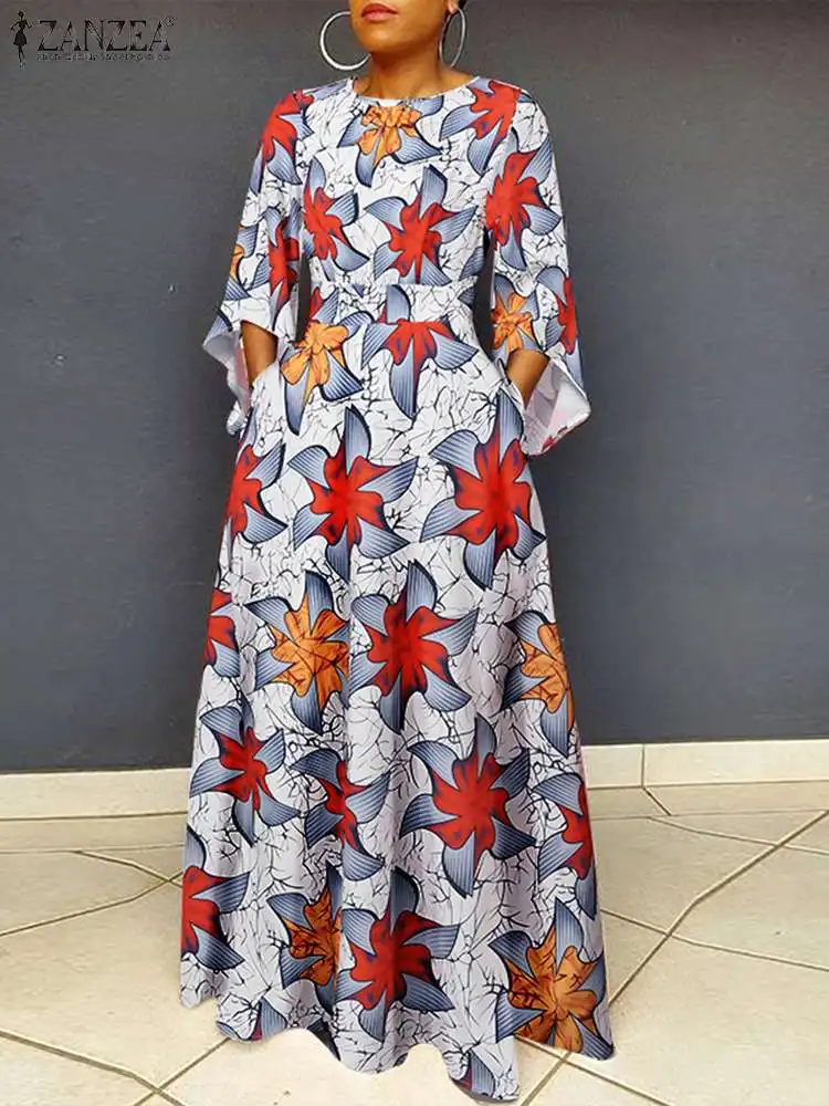

PLUS SIZE ZANZEA Women 3/4 Sleeve Vestidos Vintage Printing Maxi Dress Vacation Cinched Waist A-line Fashion Holiday Long Robes