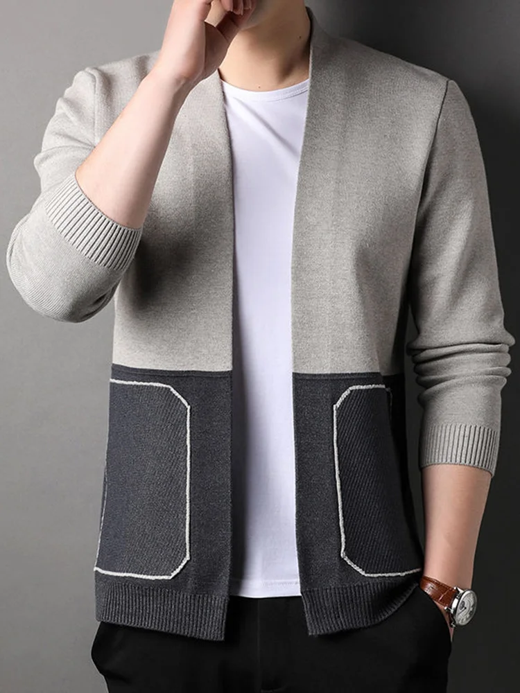 

Модный кардиган, новинка, мужской вязаный свитер 2023, мужские топы контрастных цветов с карманами и длинными рукавами, повседневные темпераментные кофты 2A5968