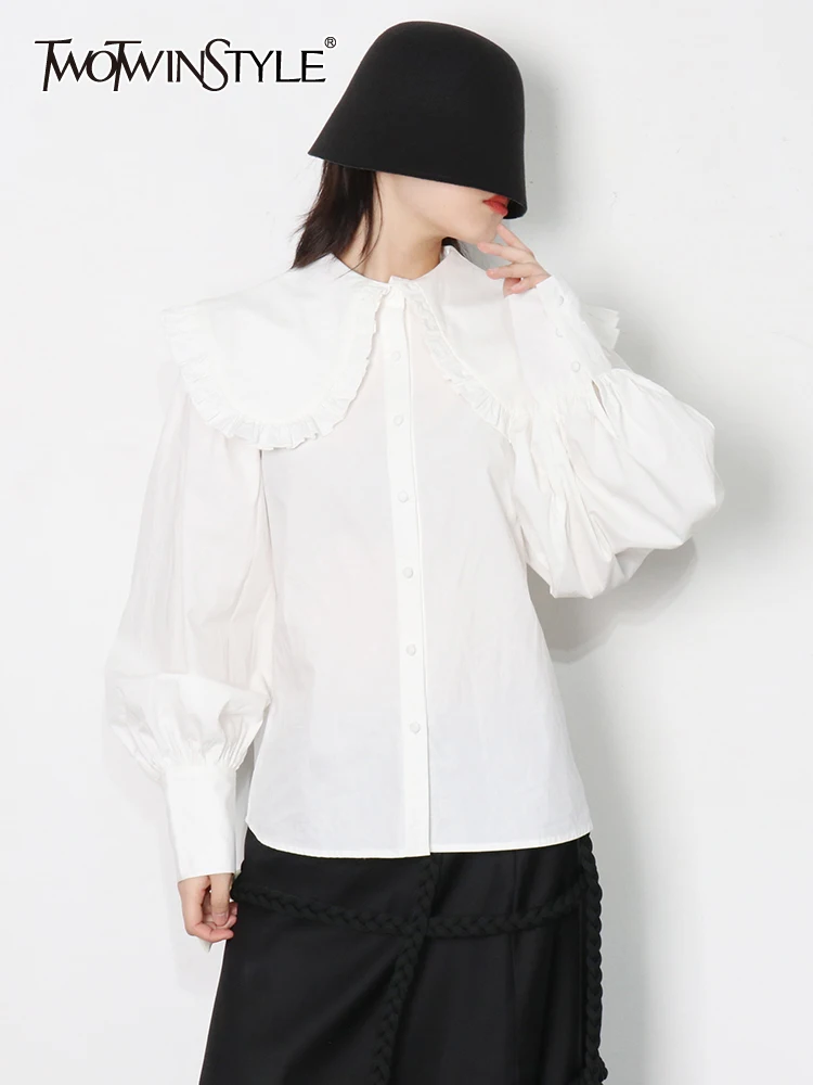 TWOTWINSTYLE Loose Button Through Blouse For Women Peter Pan Collar Lantern Sleeve Solid Shirts Female Korean Fashion Clothing
TWOTWINSTYLE Loose Button Through Blouse For Women Peter Pan Collar Lantern Sleeve Solid Shirts Female Korean Fashion Clothing