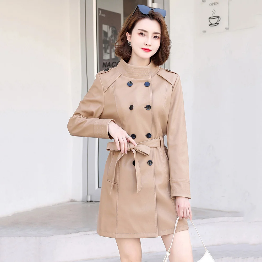 Тренчкот женский из овечьей кожи, Модный облегающий Длинный топ с воротником-стойкой, повседневная верхняя одежда, весна-осень 
Тренчкот женский из овечьей кожи, Модный облегающий Длинный топ с воротником-стойкой, повседневная верхняя одежда, весна-осень