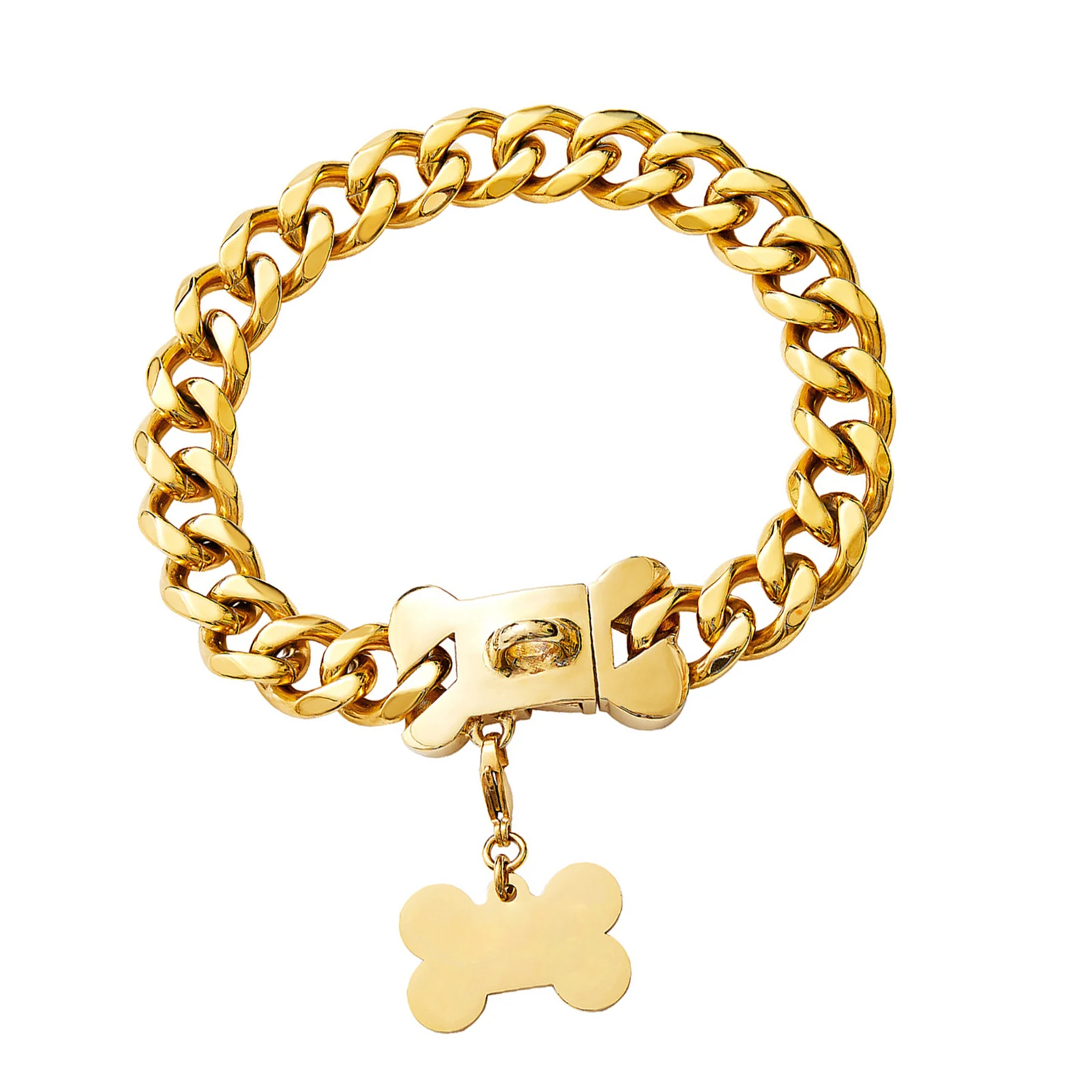 Gold Dog Collar 19mm Strong Cuban Link Dog Necklace Chain Collar with Bone Shape Buckle and Tag
Gold Dog Collar 19mm Strong Cuban Link Dog Necklace Chain Collar with Bone Shape Buckle and Tag